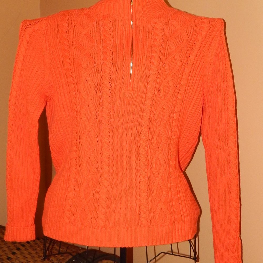 Ladies Zippered Neckline CHAPS Sweater ~ Orange ~ Cable Knit ~ Size L - Picture 2 of 5
